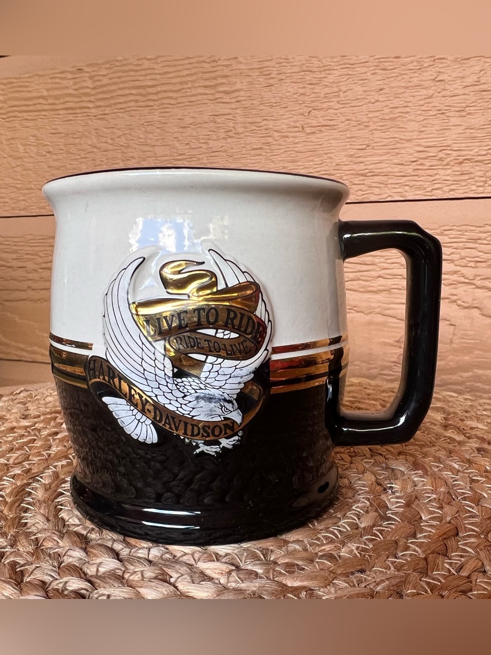 Harley-Davidson Black, White & Gold 'Live to Ride' Ceramic Mug